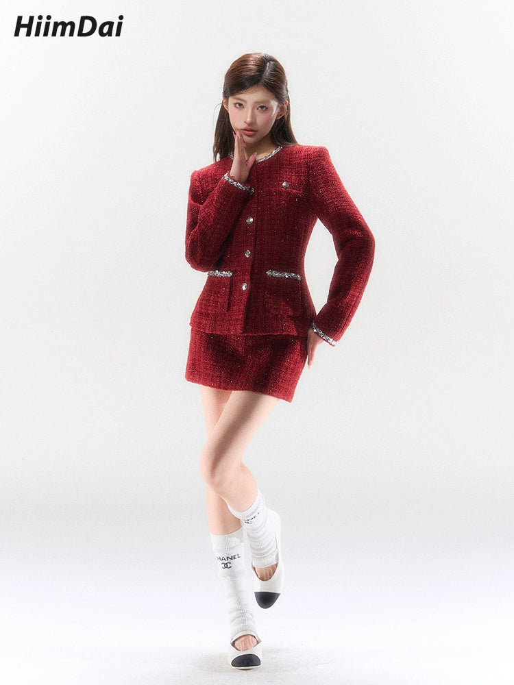 Silver-Woven Wine Red Jacket & mini Skirt Set