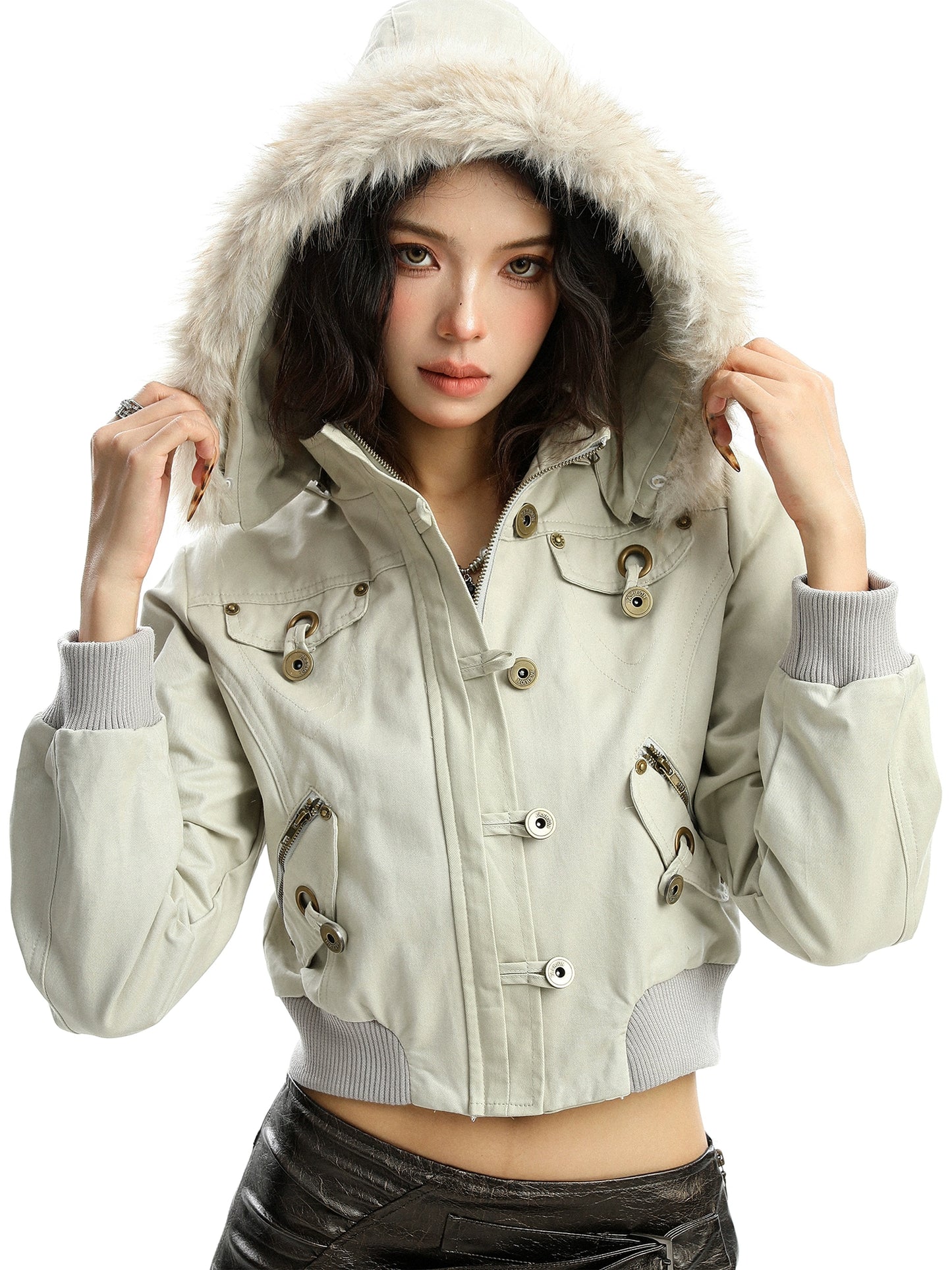 Detachable fur collar hooded jacket