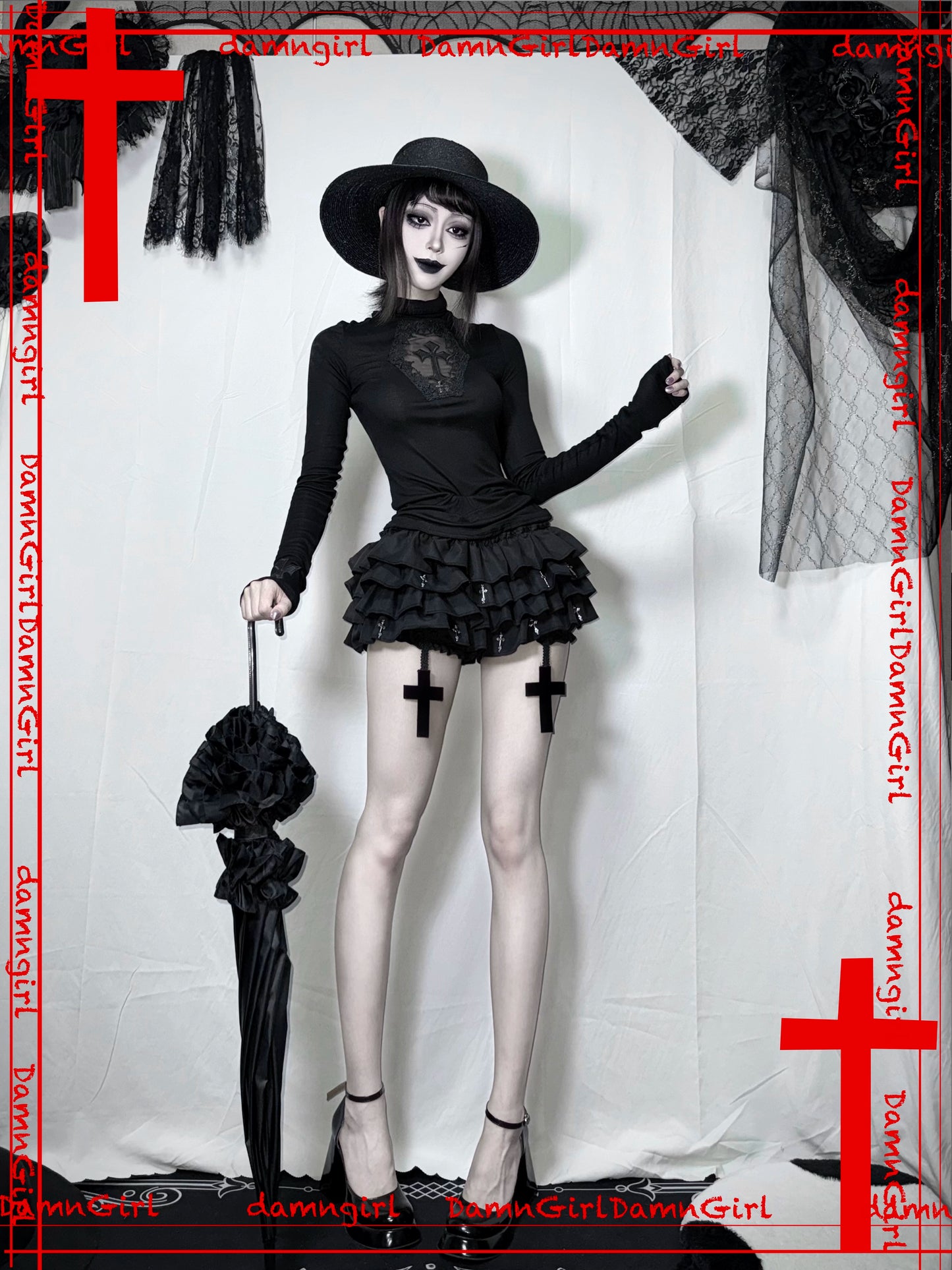 Dark Gothic cross hollow slightly transparent high neck base knit sweater