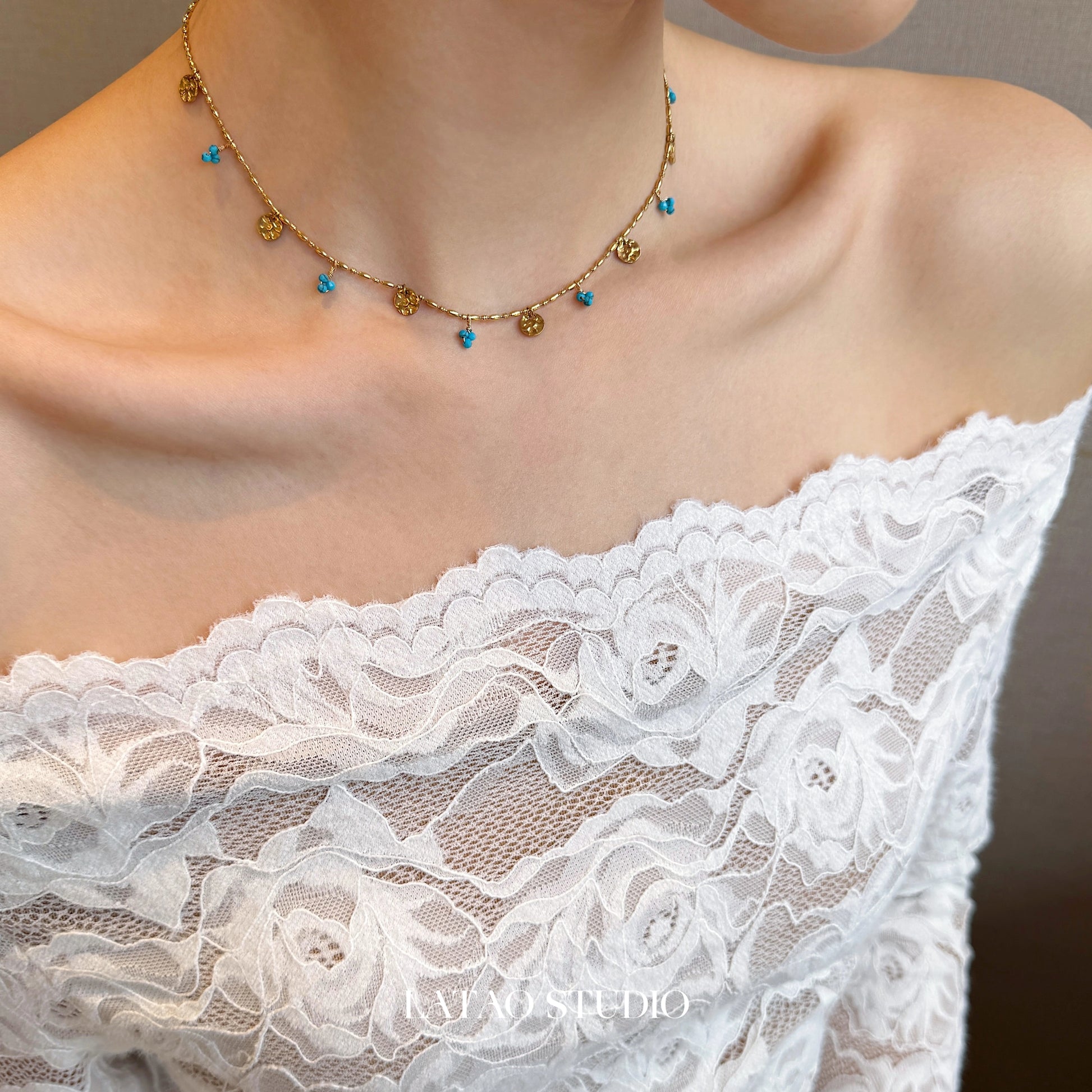 Bluebell Flower "Blue Gold Turquoise Vintage Necklace