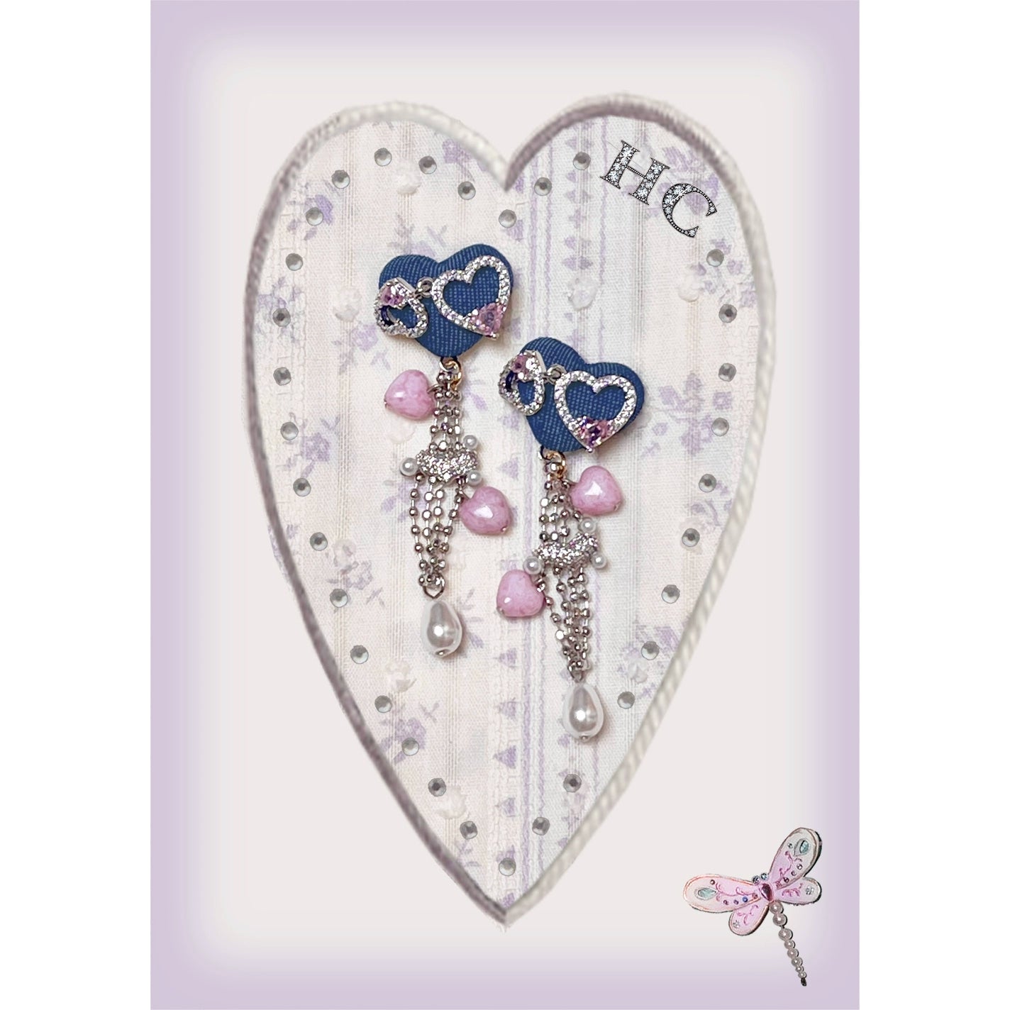 ~*Jane's Denim Heart *~Denim Love&Sparkling Tassel Barbie Earrings