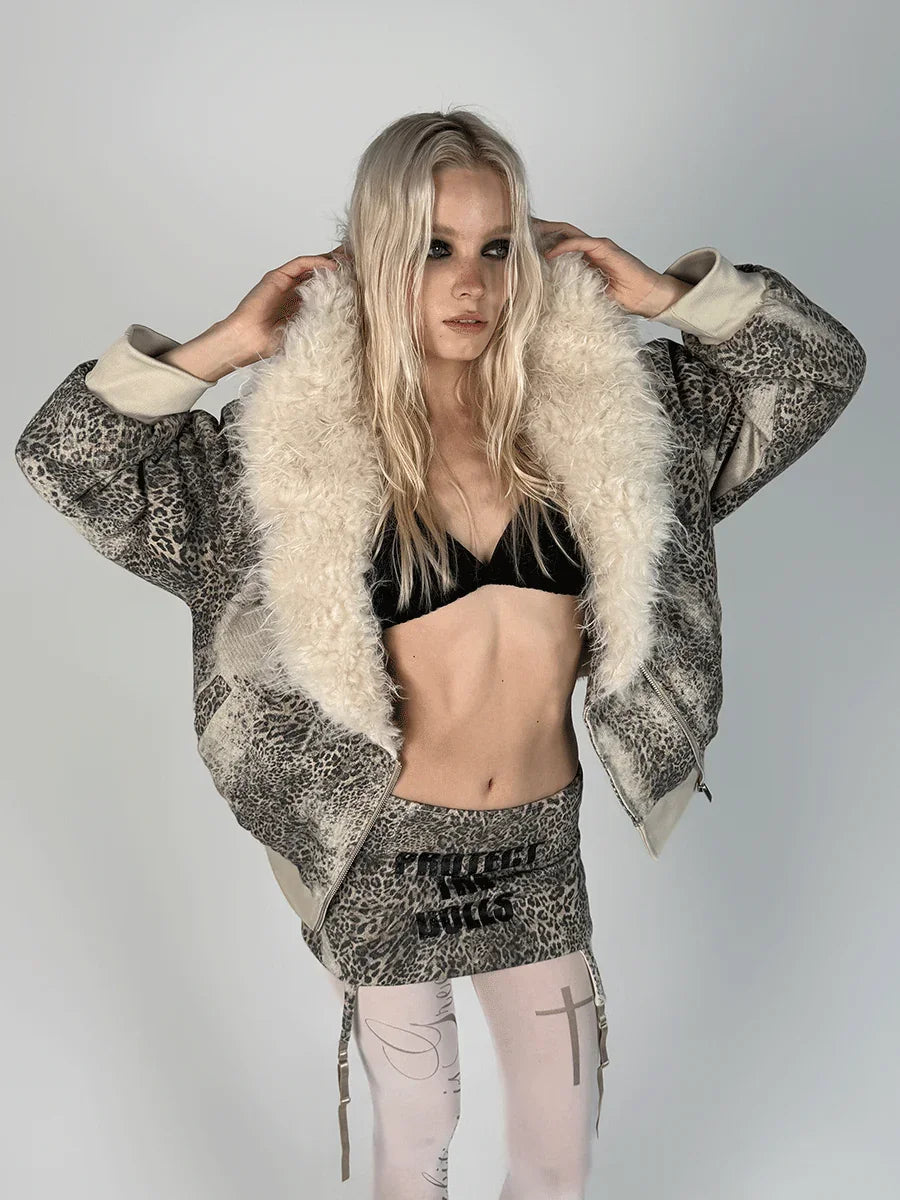Snow leopard print large fur collar coat