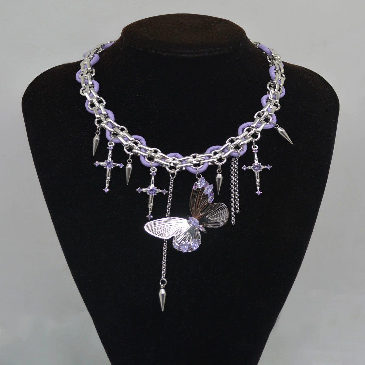 Exquisite Purple Diamond Hollow Cross Butterfly Necklace Ring