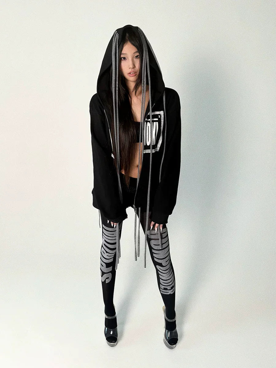 Street black and white striped fringe hoodie