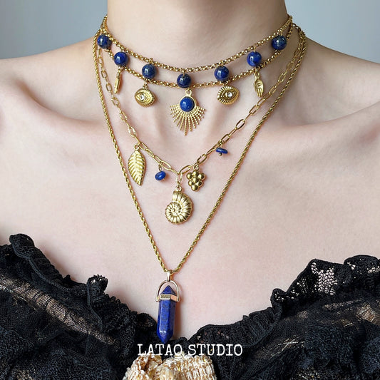 Blue gold lapis lazuli solar titanium steel choker necklace