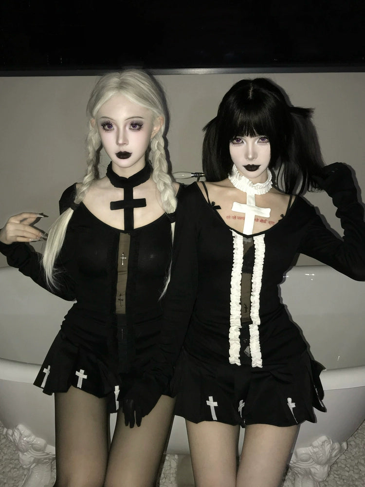 Hell Crack Gothic Cross Mesh Hollow V-neck Long Sleeve Knitted