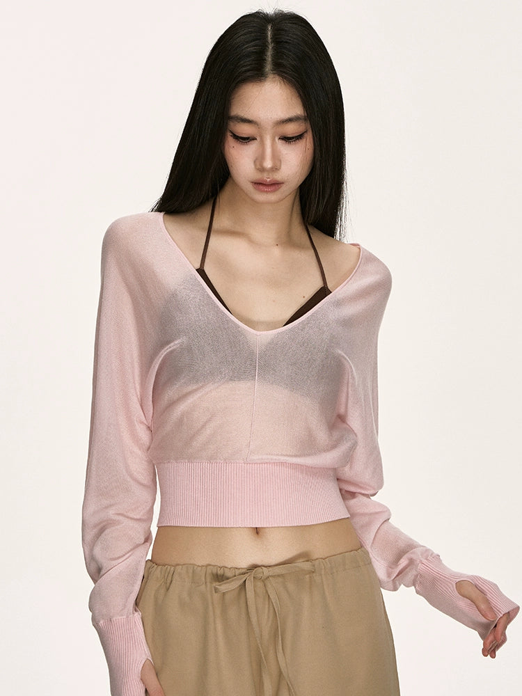 V-neck bat sleeve knitted top