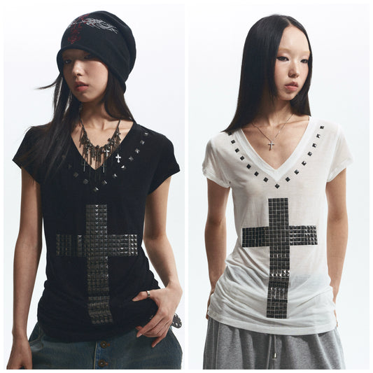 Three color cross hot stamping diamond V-neck short sleeved T-shirt