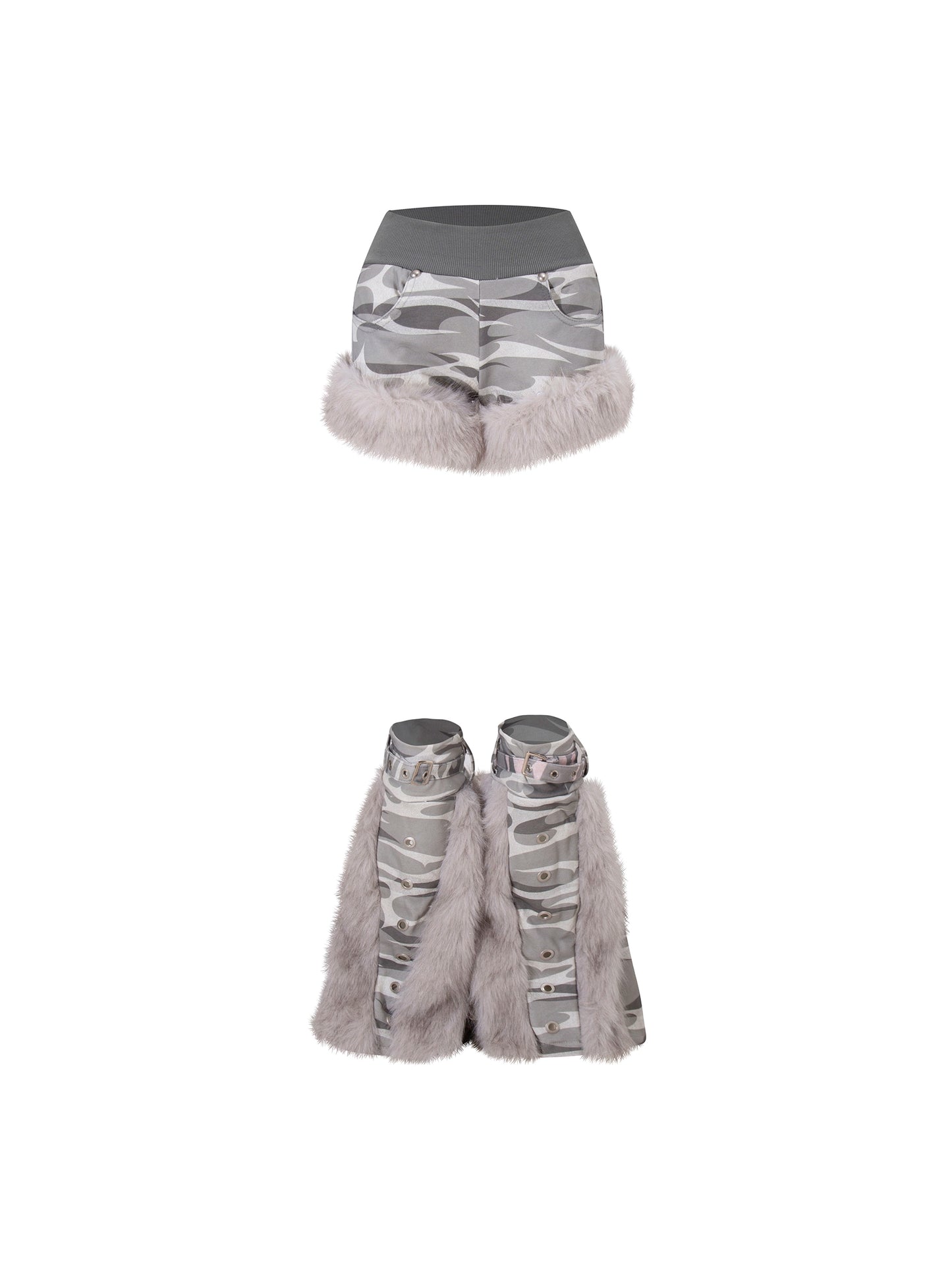 Camouflage rabbit hooded drawstring hoodie plush shorts set
