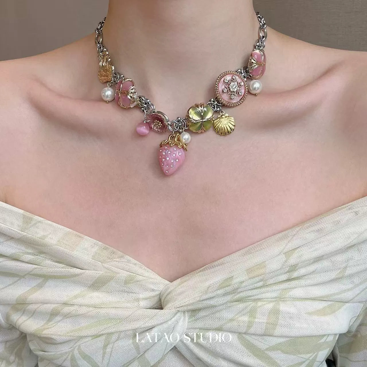 JUICY Pink Strawberry Flower Sea Pearl Colored Titanium Steel Necklace