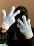 Blue rhinestone snowflake plush knitted gloves