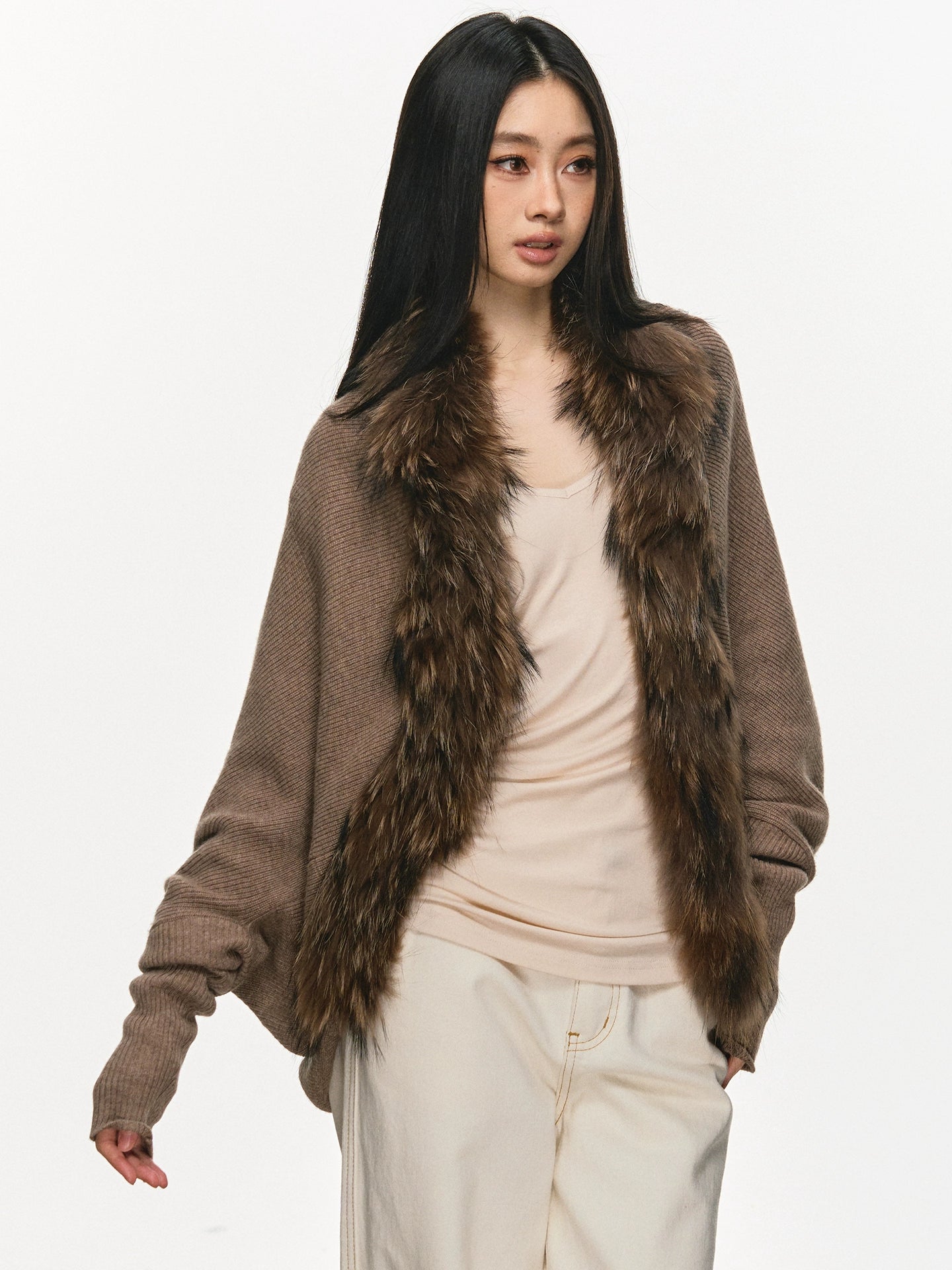 Woolen collar spliced sweater cardigan