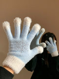 Blue rhinestone snowflake plush knitted gloves