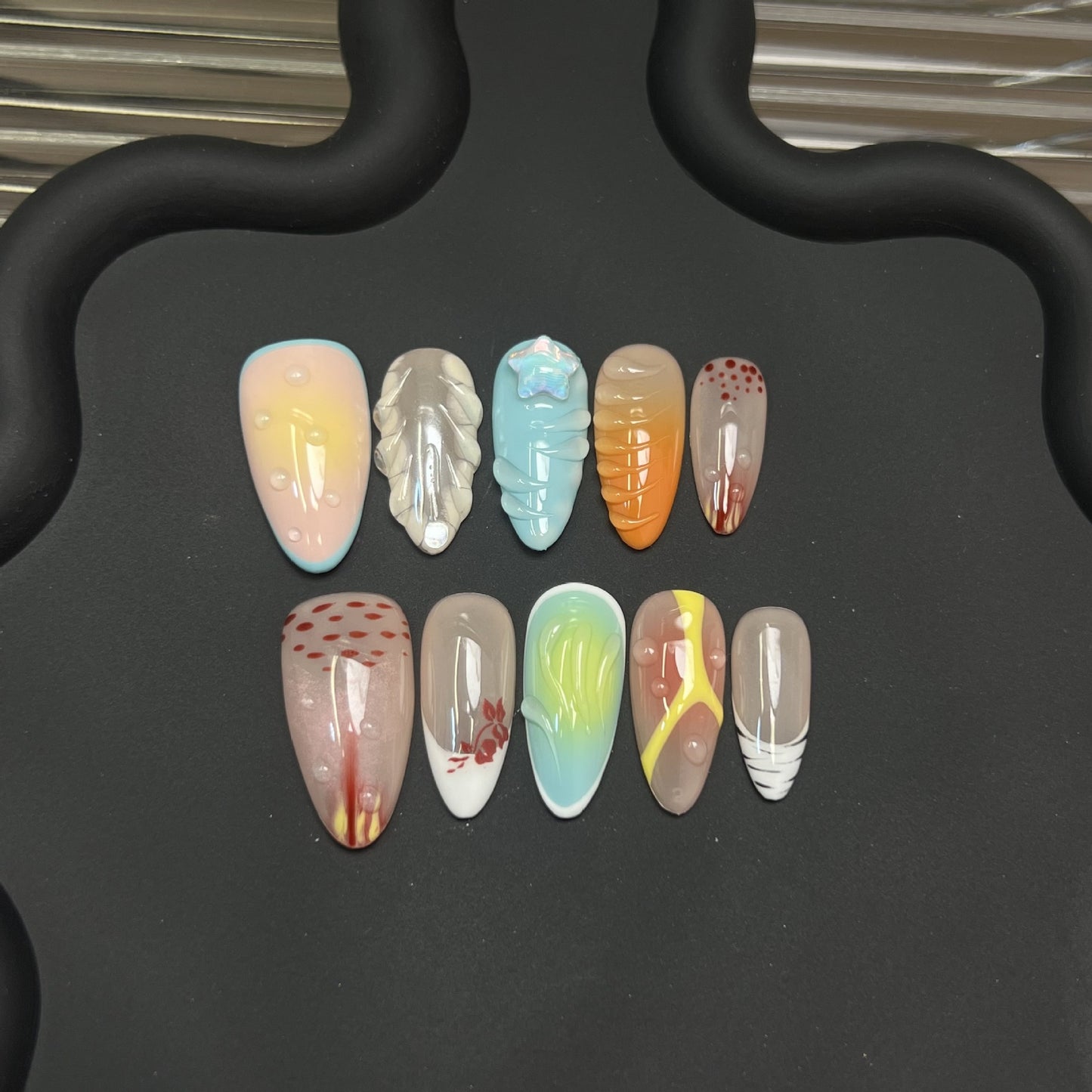 Three dimensional carved French nail art almond shaped handmade nail tip