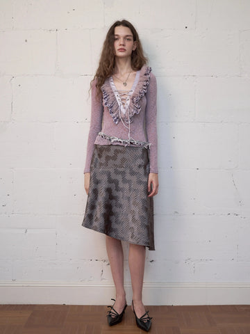 Water Bear original design V-neck lace up multi-layer ruffle romantic knit top