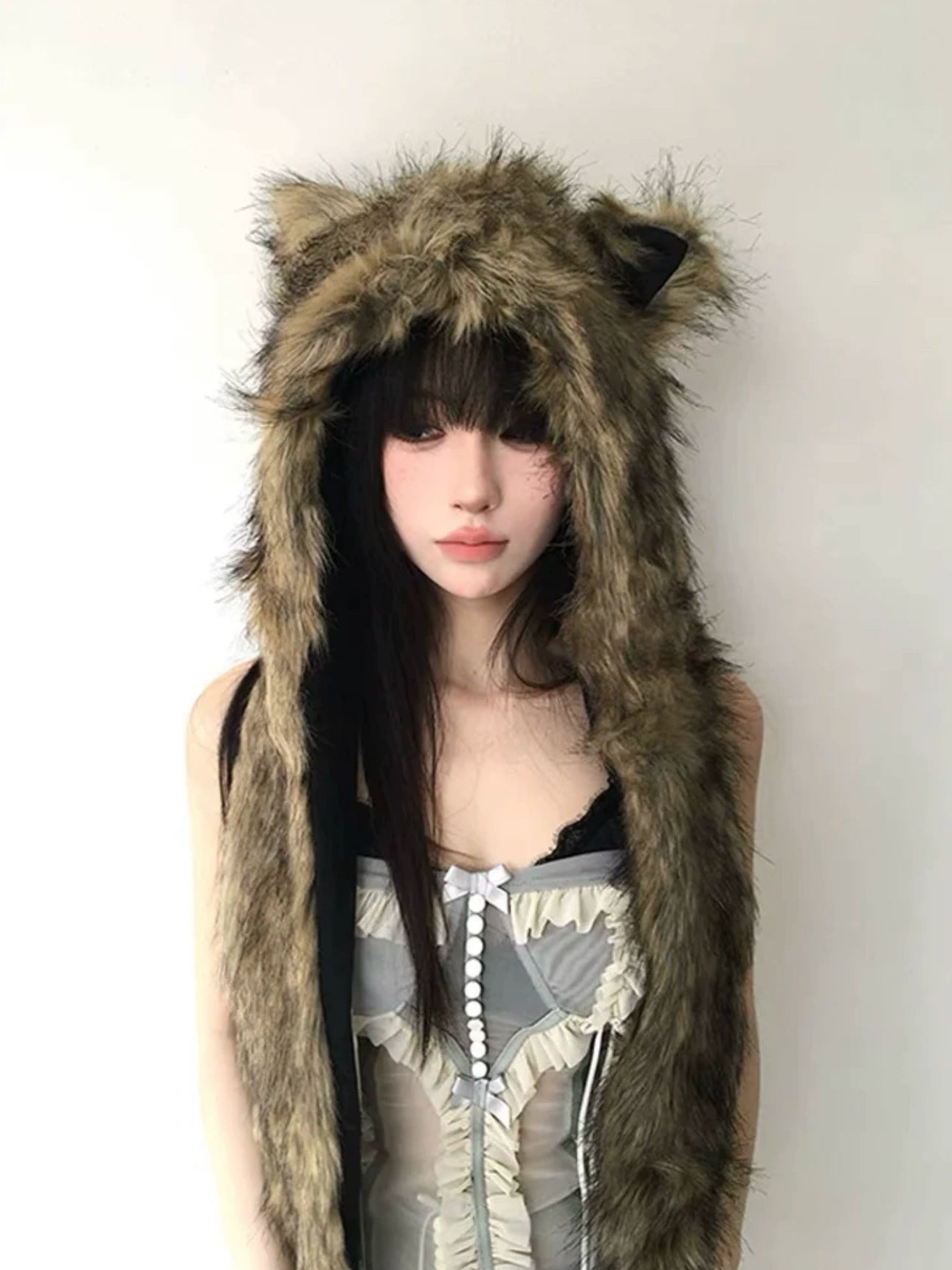 Plush hat faux fur scarf, gloves in one