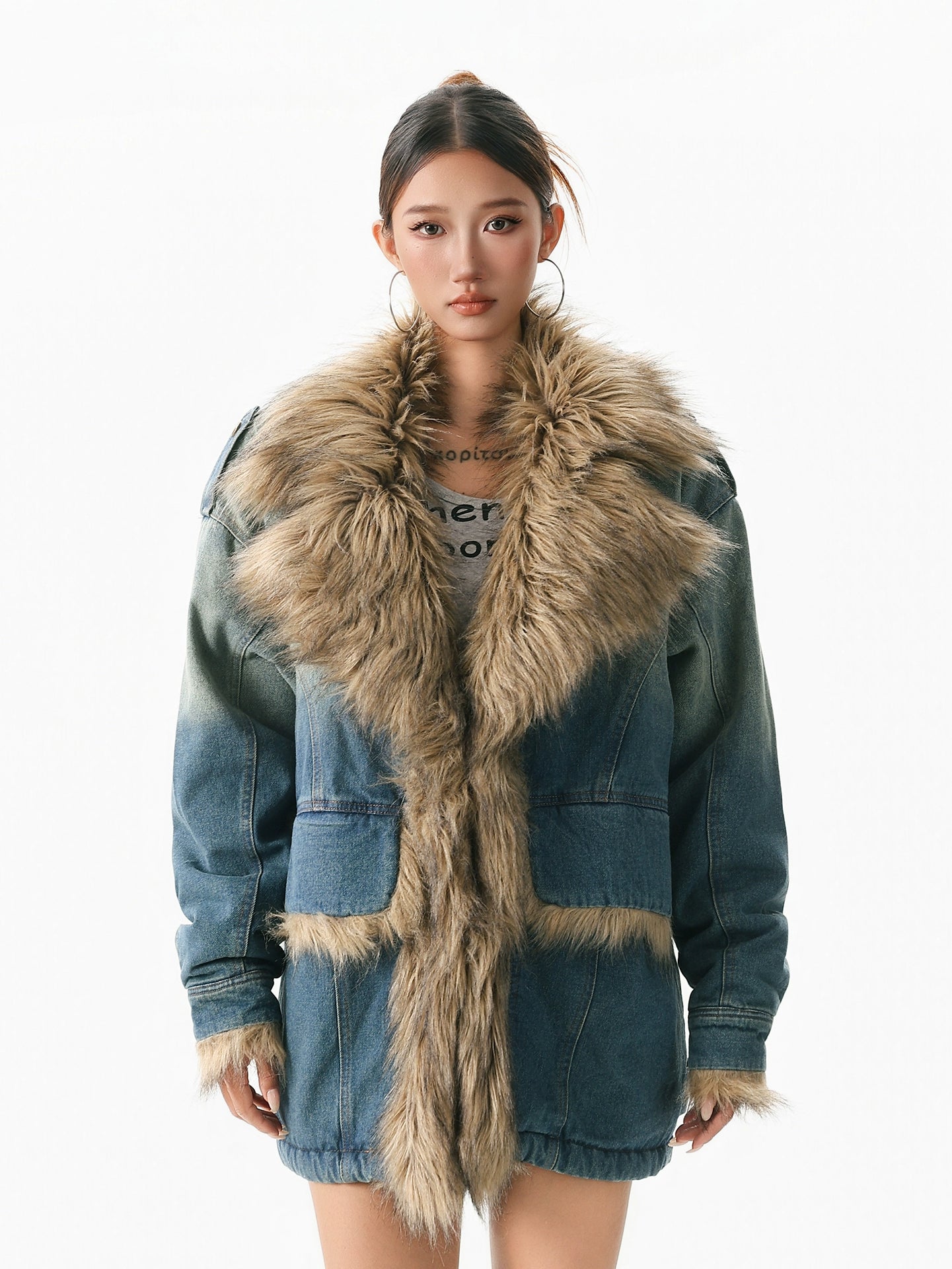 Retro fur collar denim cotton jacket