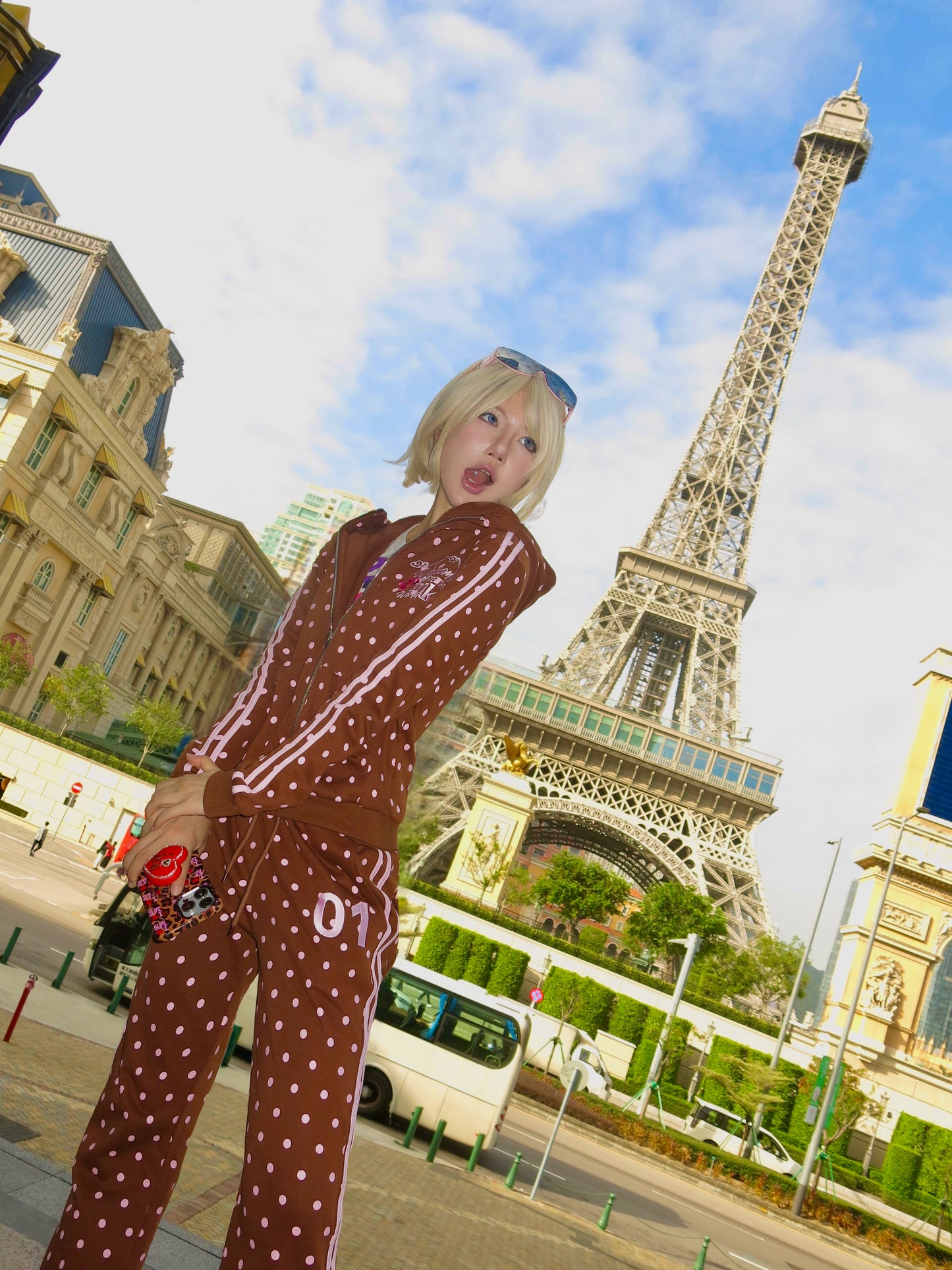 Pink polka dot Y2K brown sports set