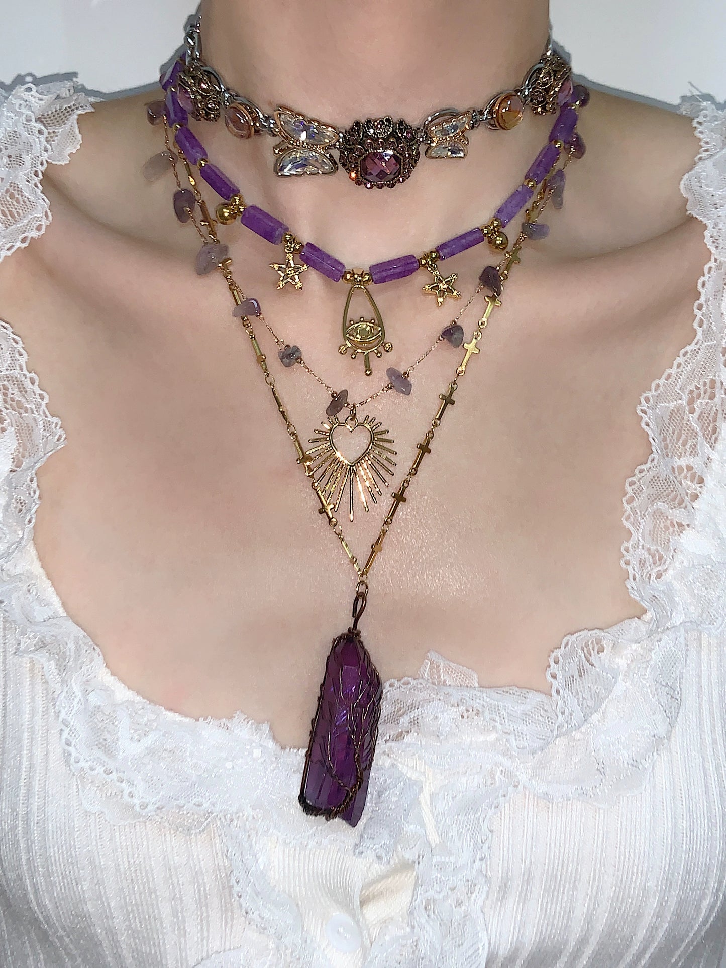 Purple Spirit Crystal Natural Stone Love Titanium Steel Necklace Stacked