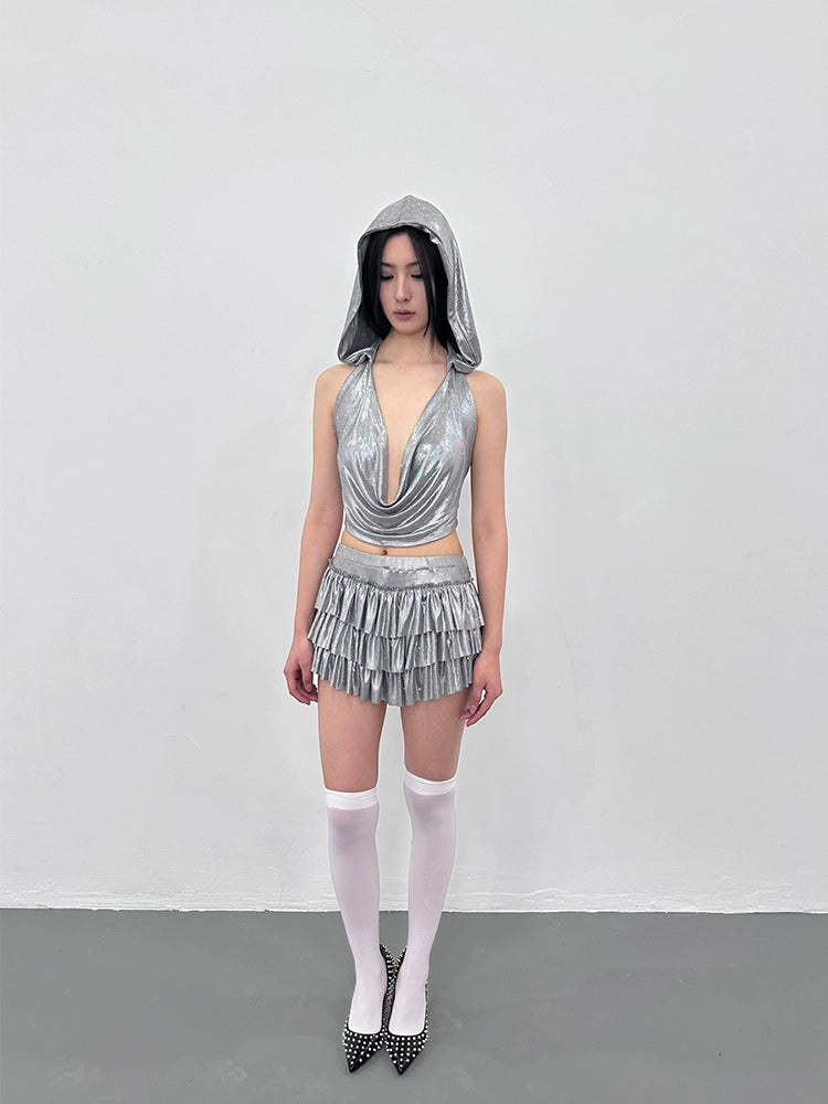 silver grey top rhinestone backless irregular set