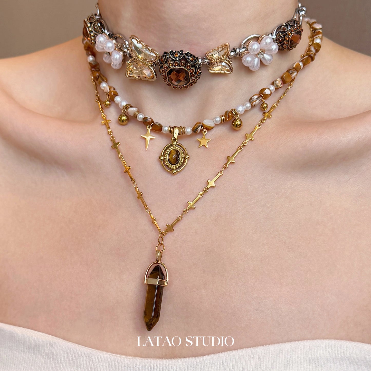 Late Autumn Brown Tiger Eye Flower Pearl Vintage Beaded Necklace