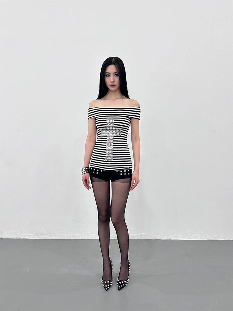 Cross Rivet Black and White Striped Top
