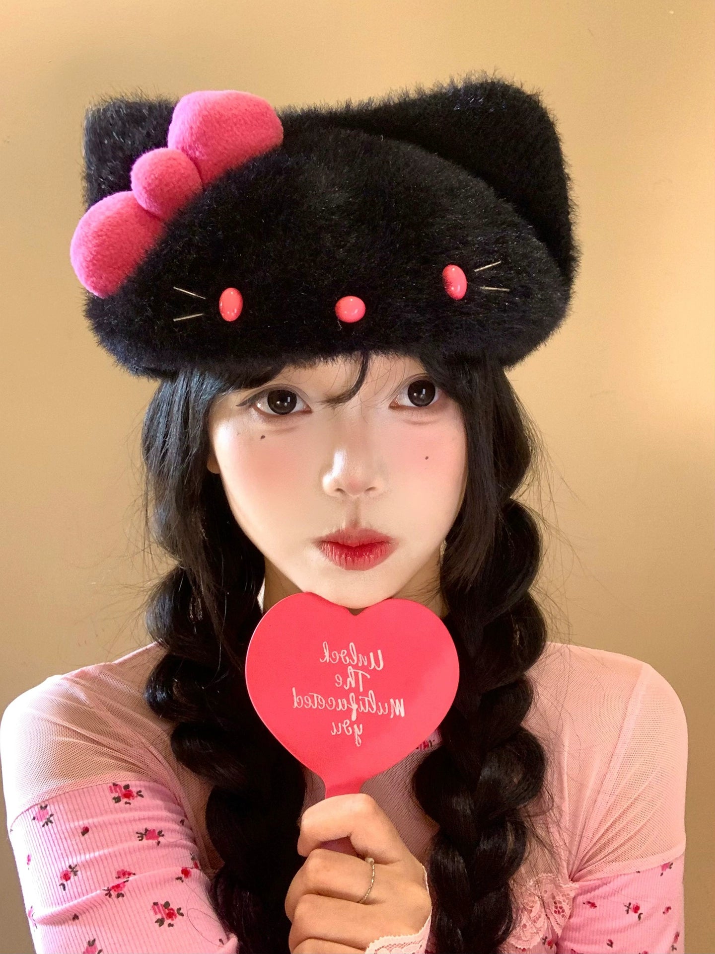 Black Pink Hello Kitty Plush Hat