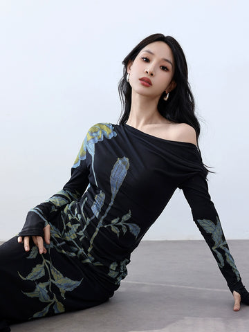 Printed diagonal shoulder mesh dress