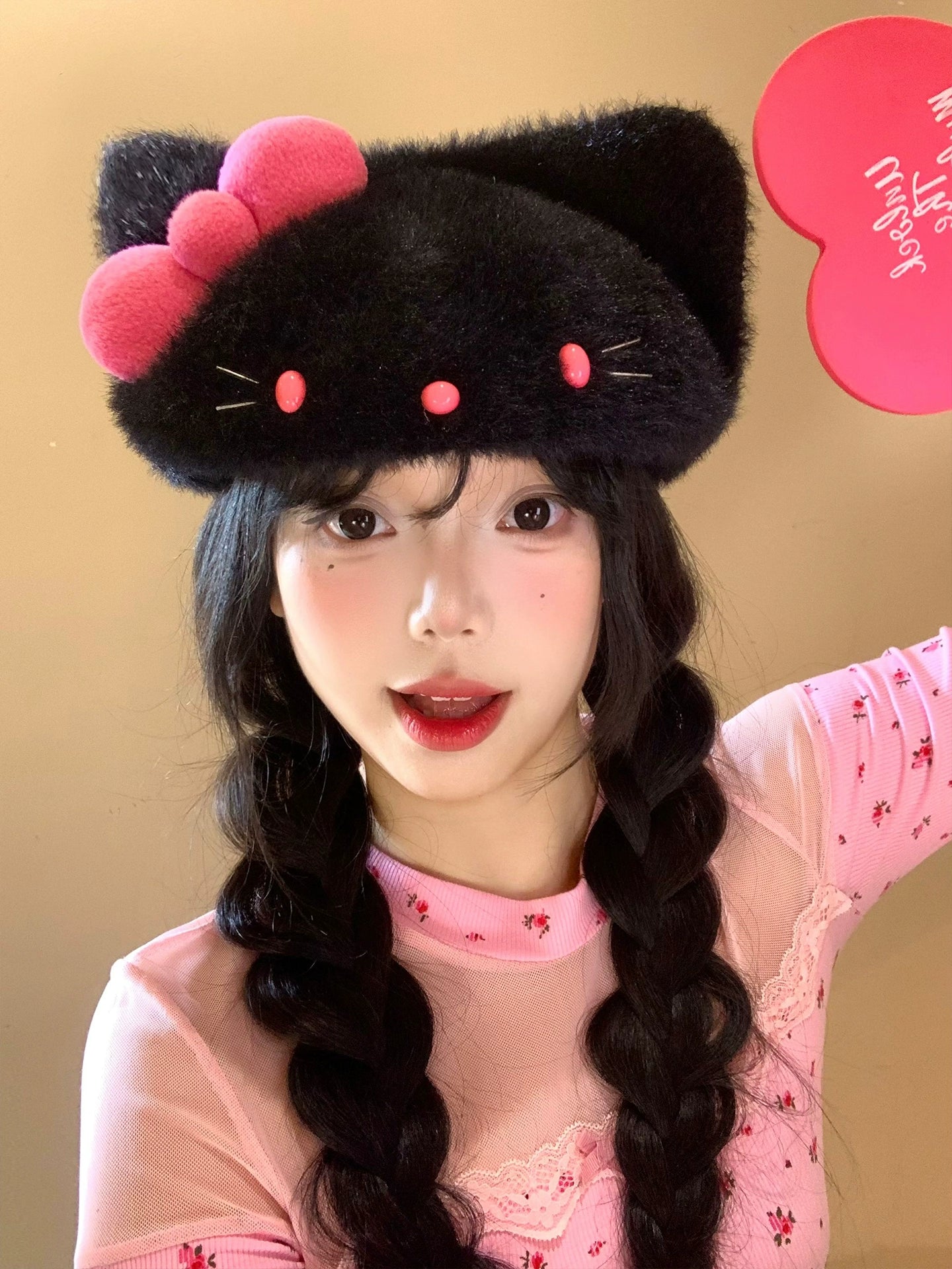 Black Pink Hello Kitty Plush Hat