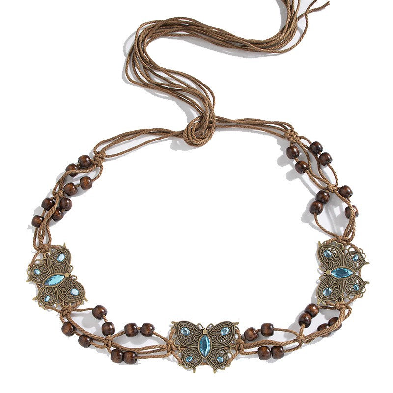Bohemian ethnic style butterfly wood bead wax rope hand woven belt