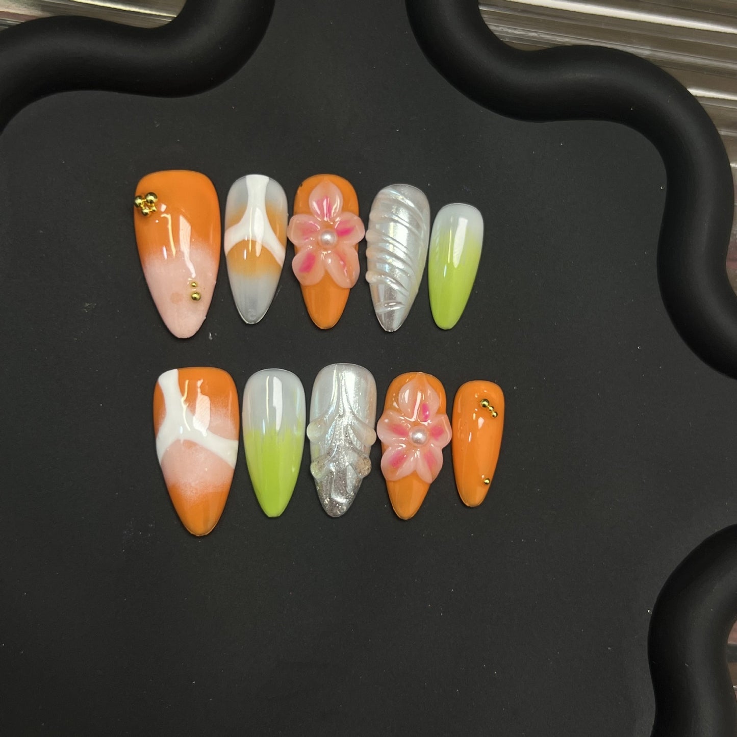 Handmade almond nail carving California sunset nail art nail tip