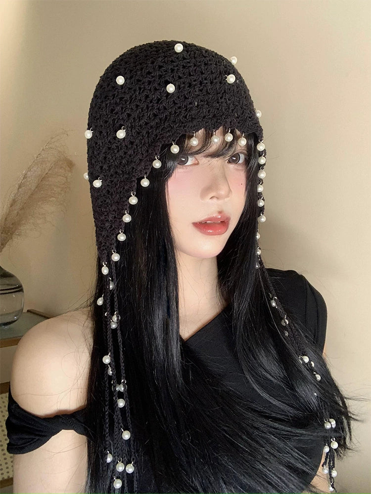 Hollow pearl tassel pendant headband cap