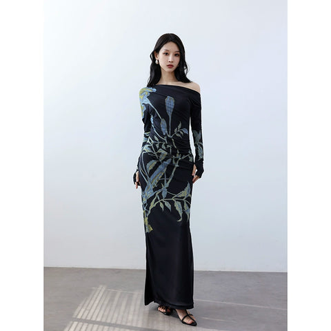 Printed diagonal shoulder mesh dress
