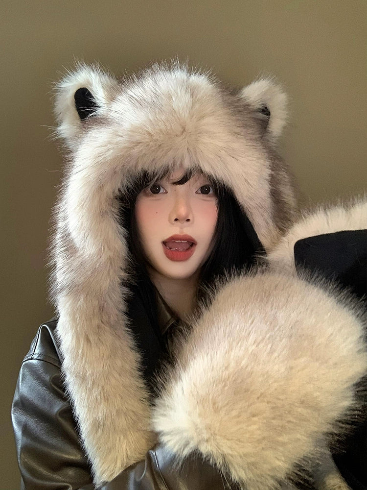 Cute fox ears plush hat scarf hat in one