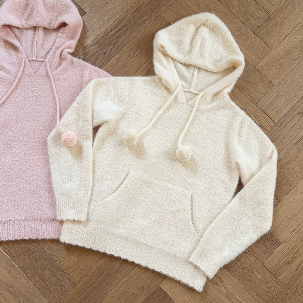 Imitation mink fur hooded knitted sweater