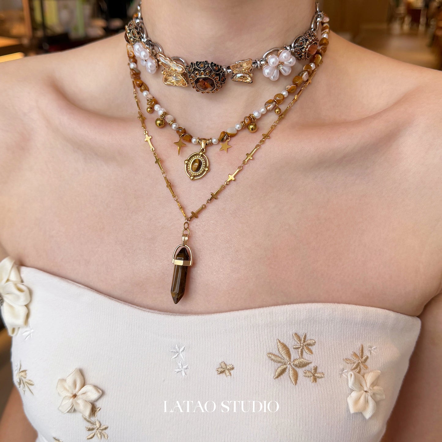 Late Autumn Brown Tiger Eye Flower Pearl Vintage Beaded Necklace