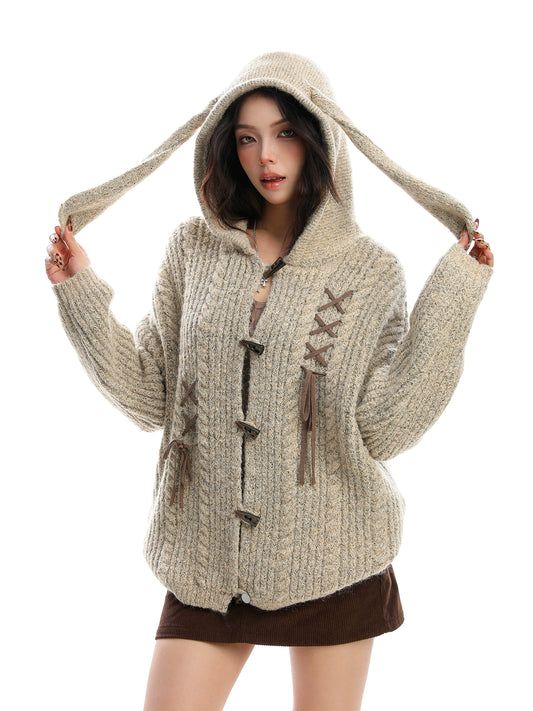 Cute rabbit ear hooded sweater with cow horn buckle