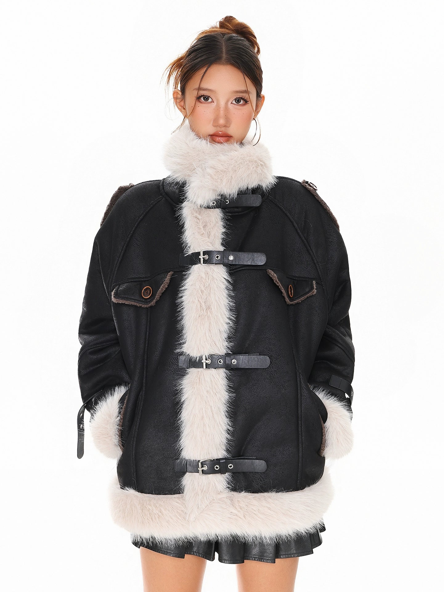 Woolen collar spliced cotton jacket