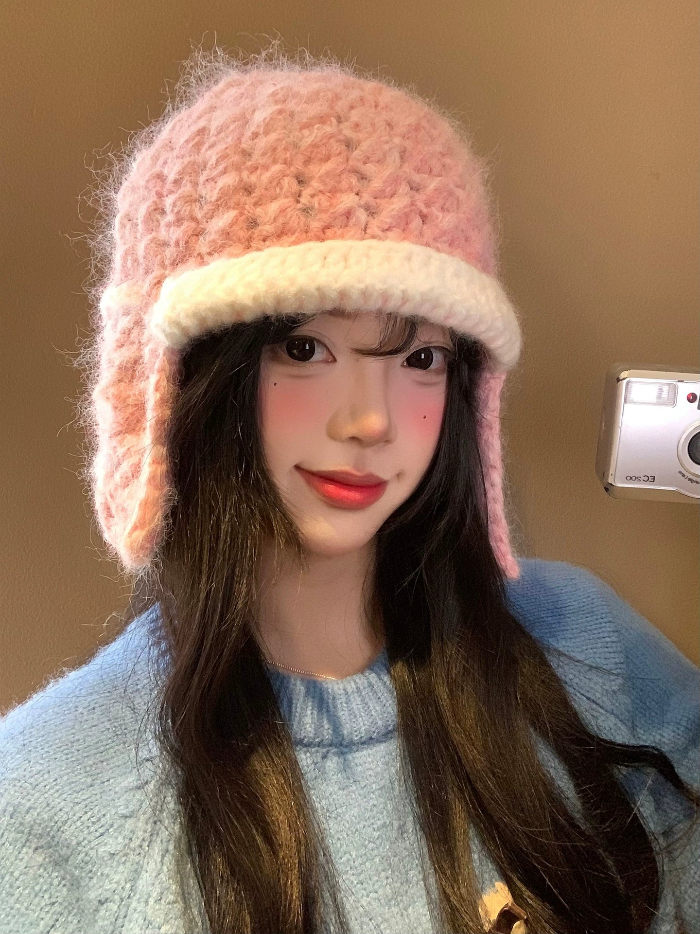 Pink plush knitted ear protection cap