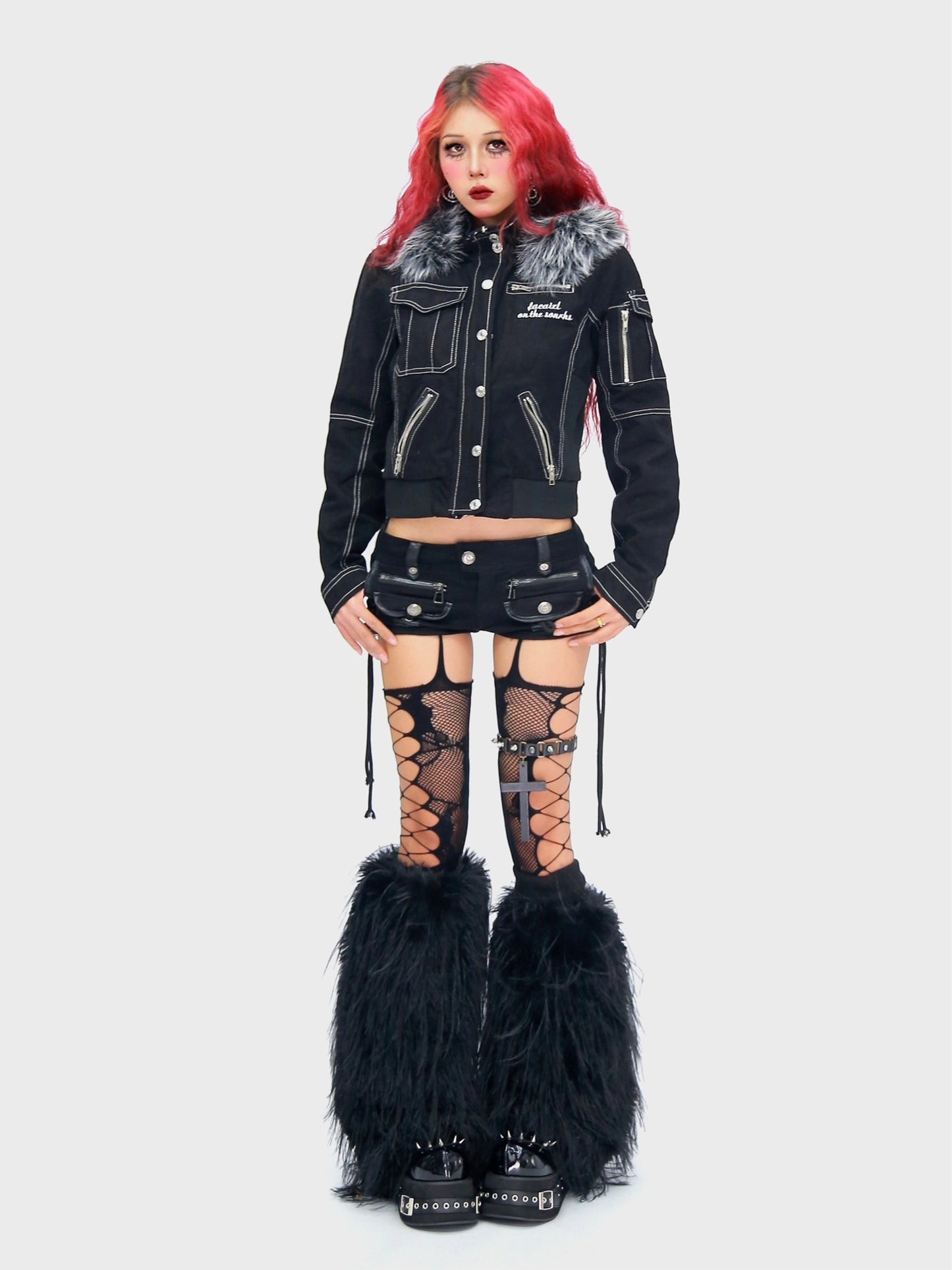 Crow feather prohibited embroidered fur collar detachable jacket