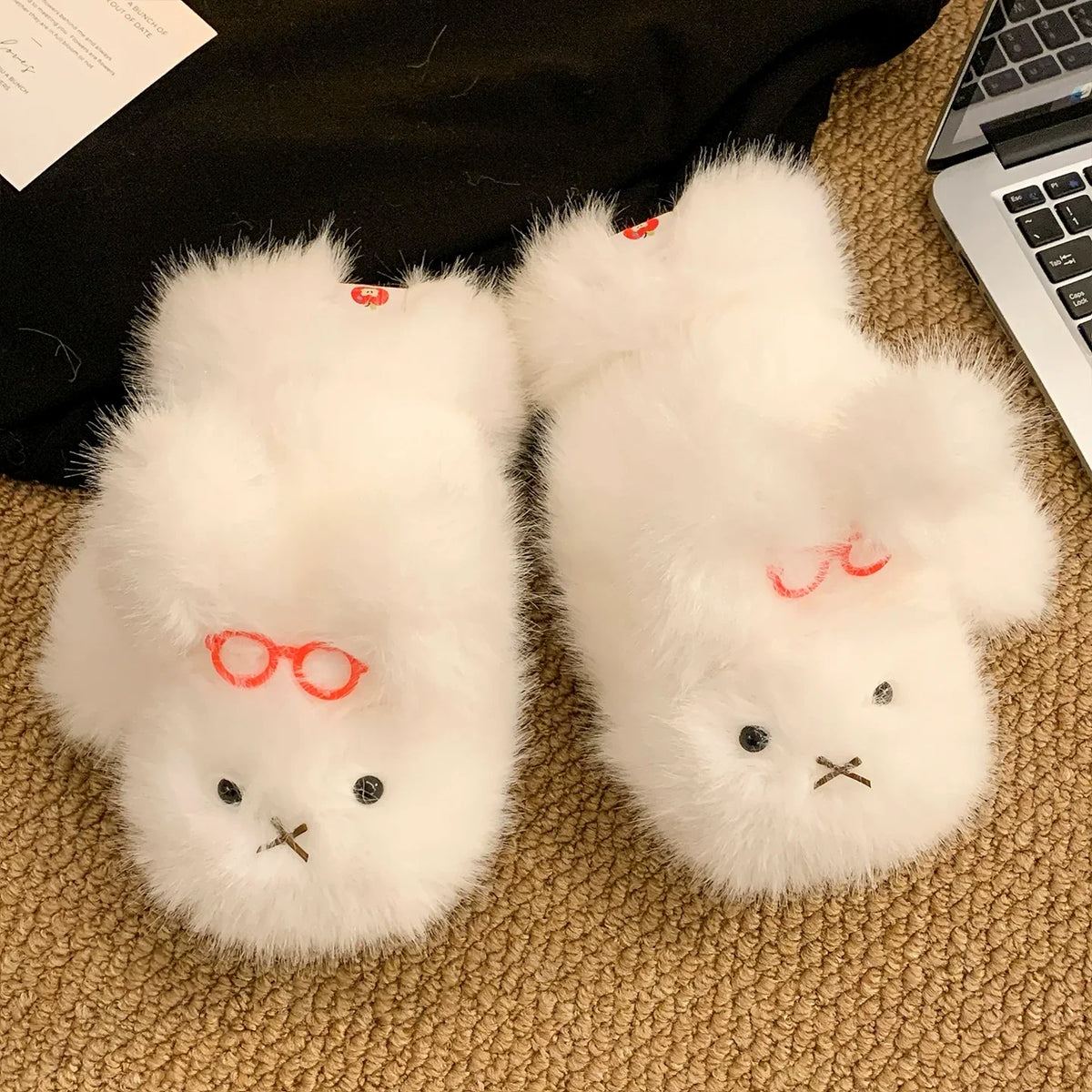Cute Glasses Little Rabbit White Plush Gloves