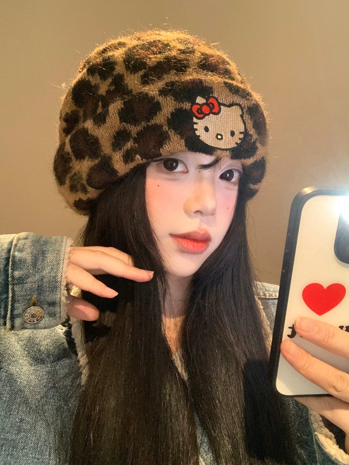 Kitty leopard print woolen hat