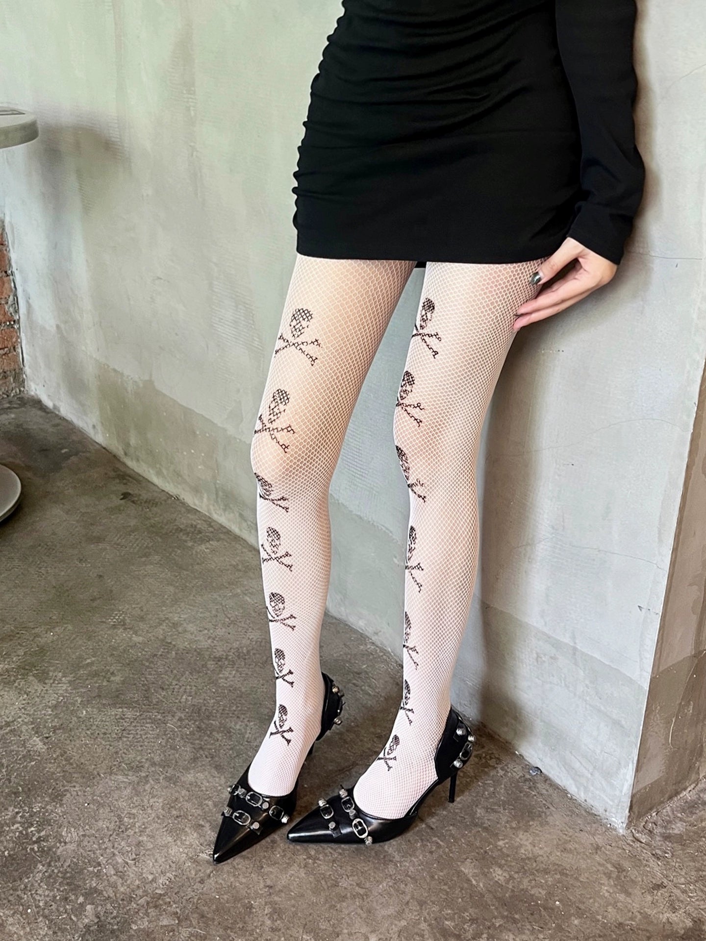 Skeleton print ultra-thin punk pantyhose with hollowed out design