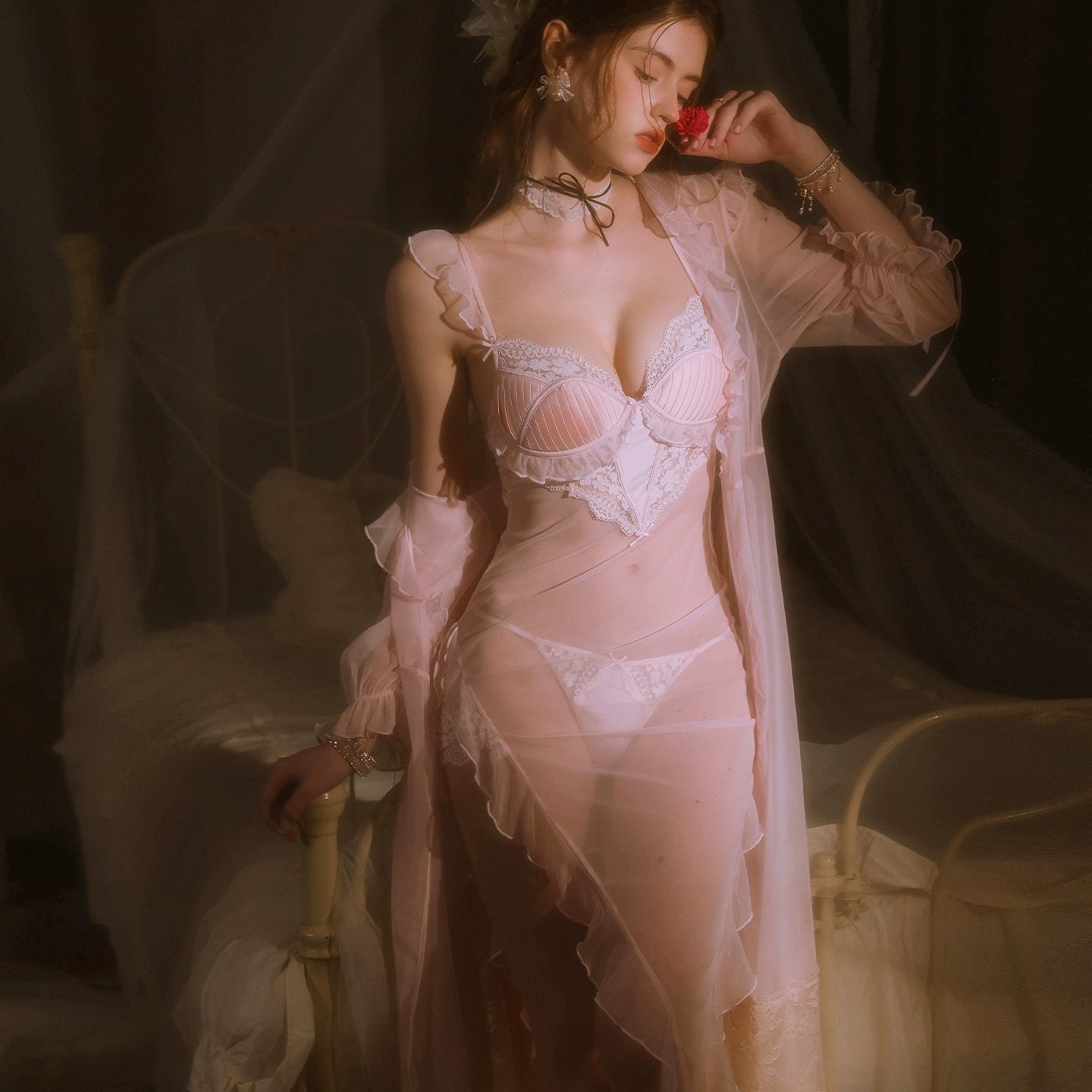 Asymmetric perspective lace mesh dress lingerie