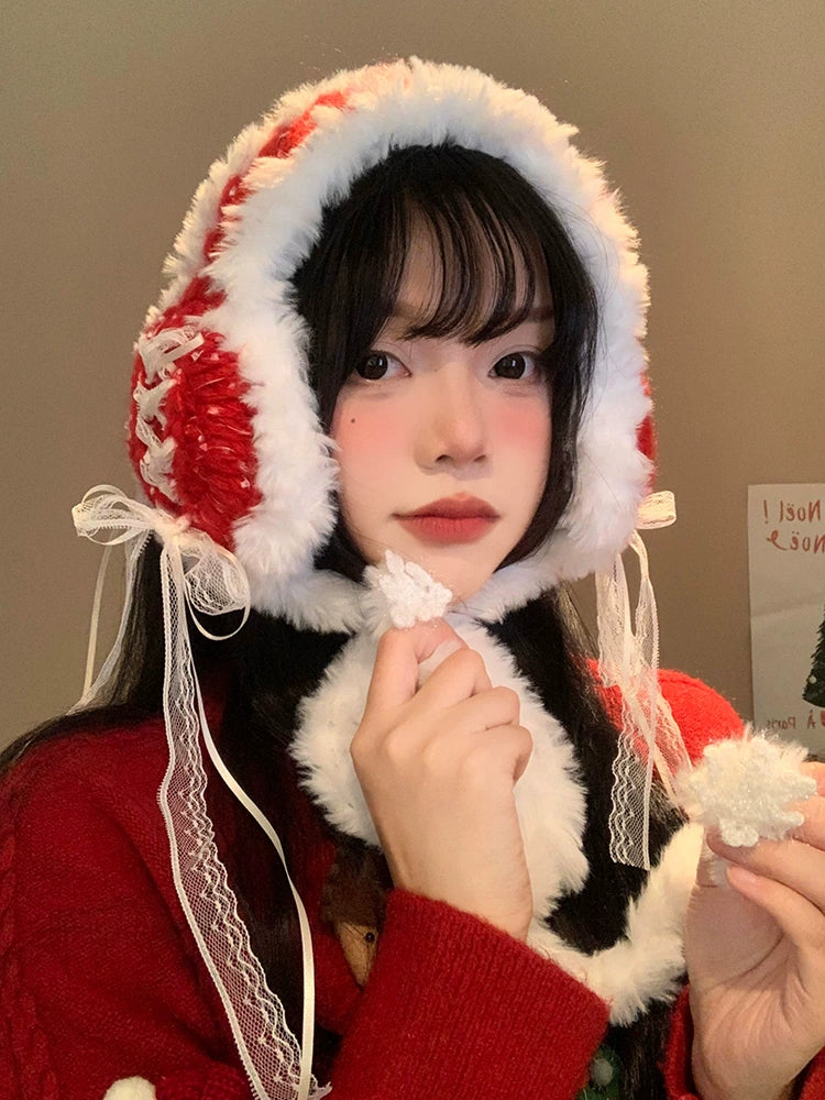 Red lace bow knitted earmuffs