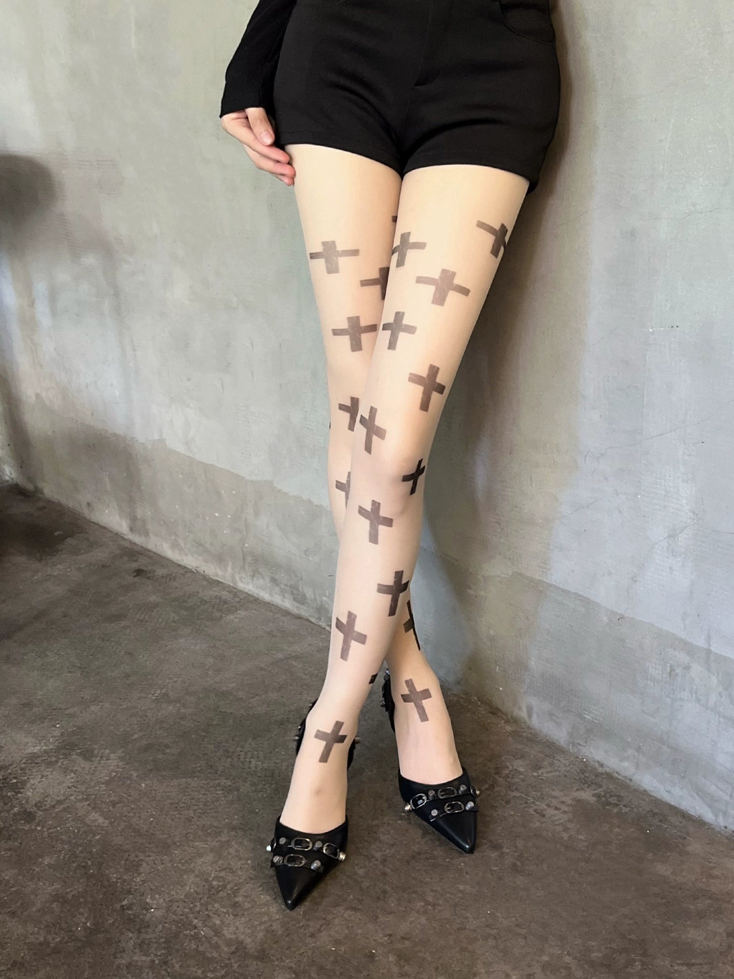 Minimalist Cross Print Sheer Tights