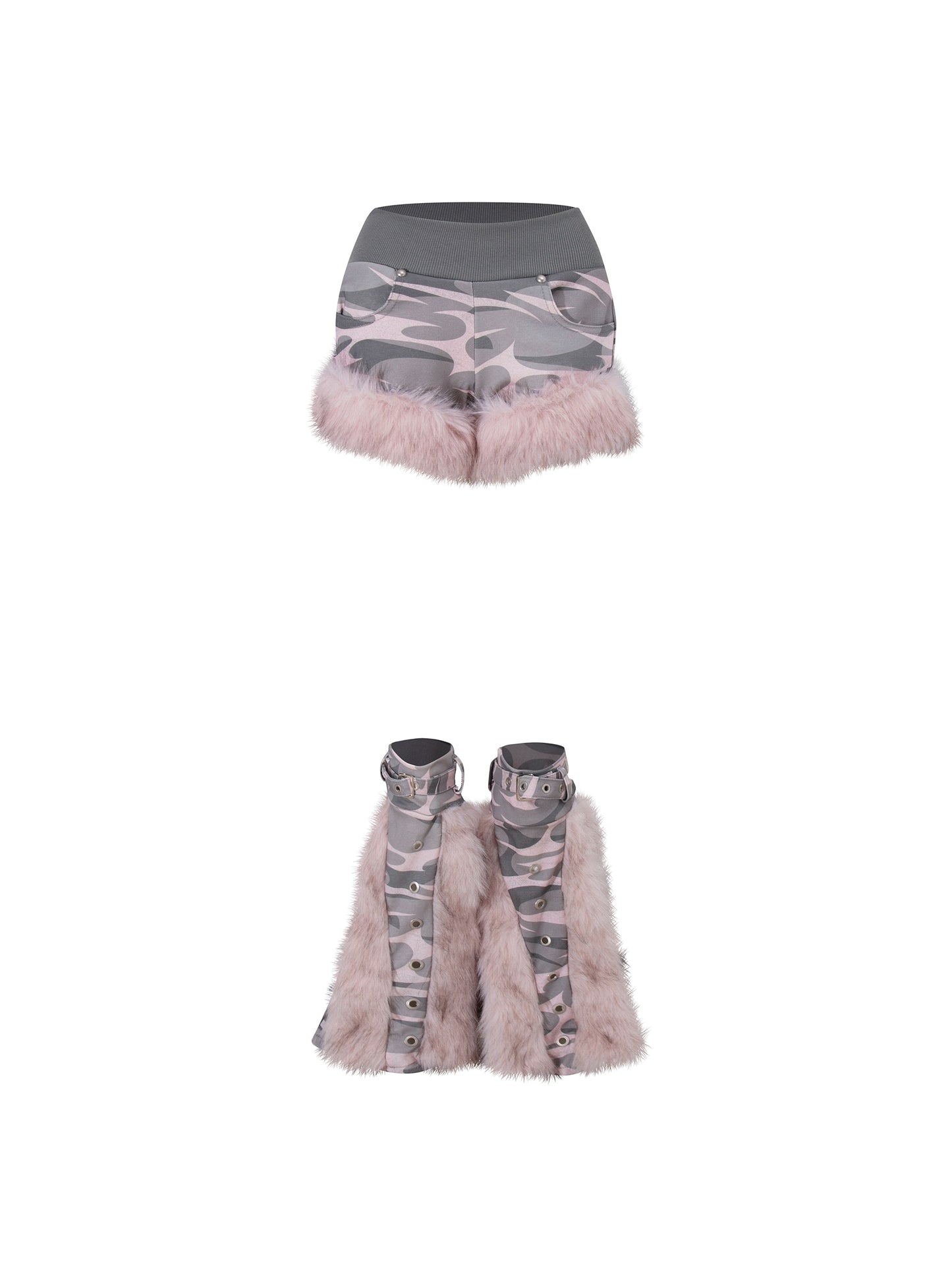 Camouflage rabbit hooded drawstring hoodie plush shorts set