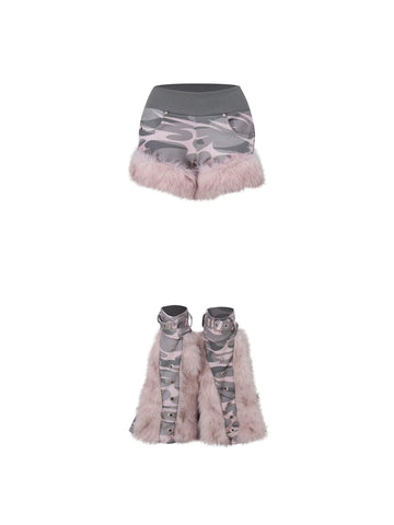 Camouflage rabbit hooded drawstring hoodie plush shorts set