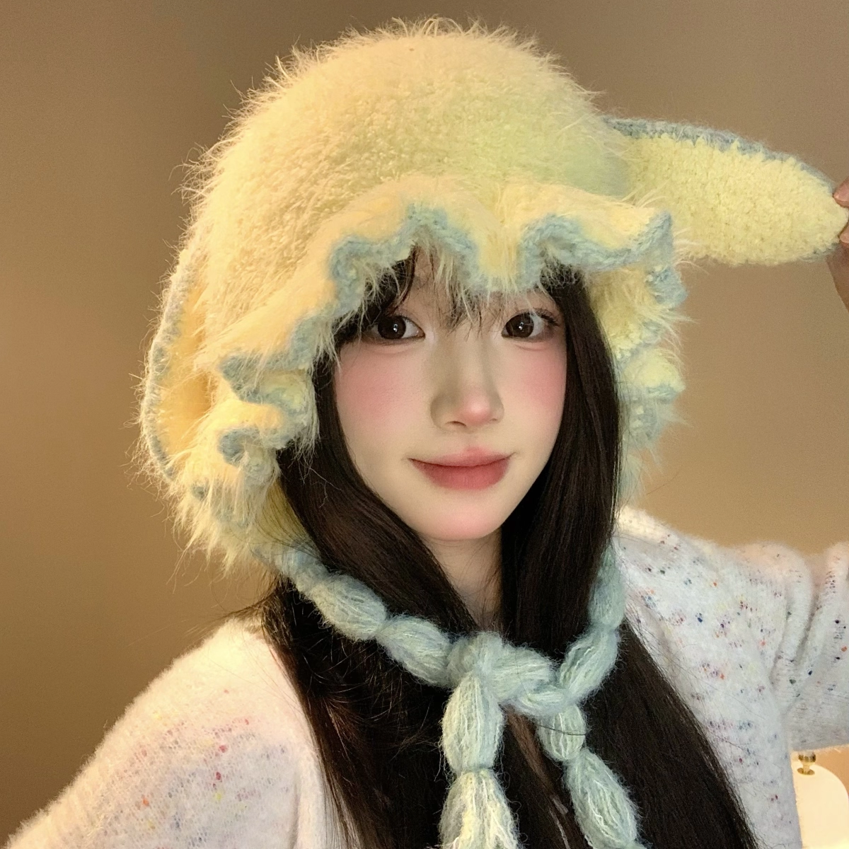 Pink rabbit ear plush knitted ear protection cap