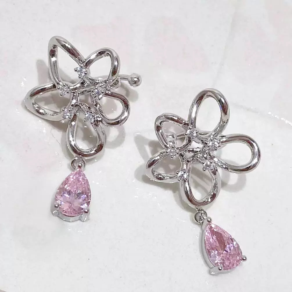 Pink zircon flower ear clip ring